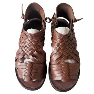 Espiritu Huarache Woven Leather Sandals 8 Tan Brown Ankle Tie Boho Flats Beach